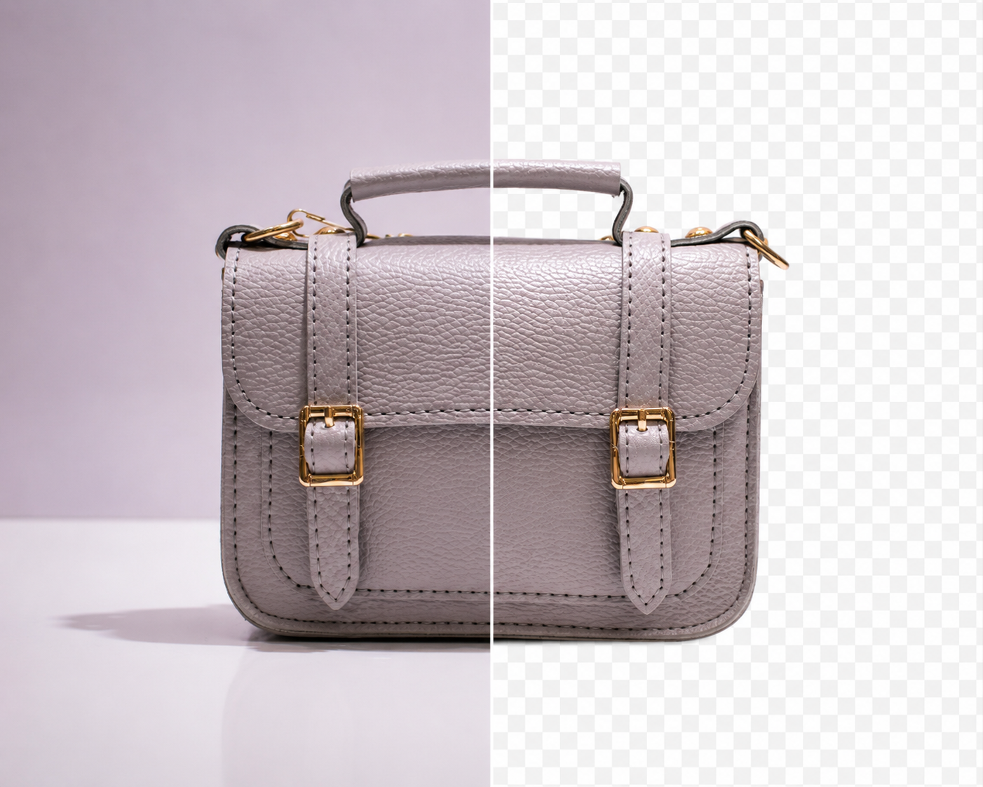 Grey leather satchel with the original set on one side and a transparent cutout on the other